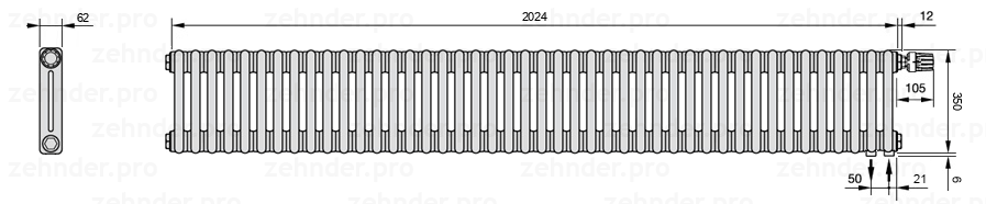 Схема (чертеж) Радиатор Zehnder Charleston 2035/44 №V002 Белый глянцевый RAL 9016